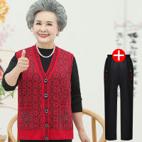 迪鲁奥（DILUAO)奶奶装春秋装马夹外套中老年女装宽松无袖马甲上衣60岁70-80老太太 4XL建议135-155斤 红色(上衣+裤子)