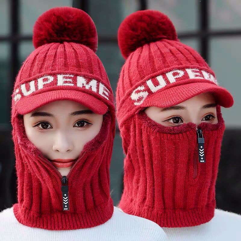 加绒加厚骑行防风毛线帽防冻护耳帽围脖一体套头帽图片