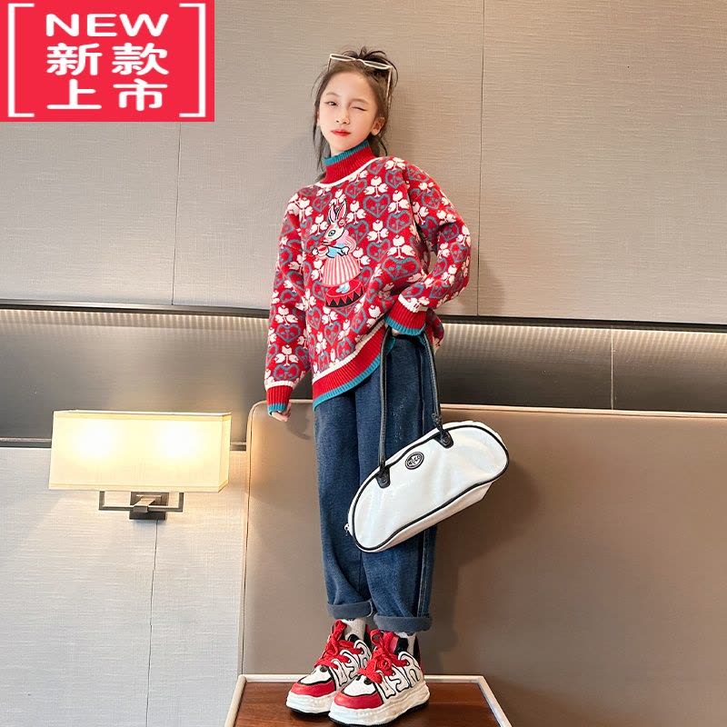 可莉允女大童秋冬款加绒加厚毛衣洋气半高领2022新款冬季儿童针织打底衫图片