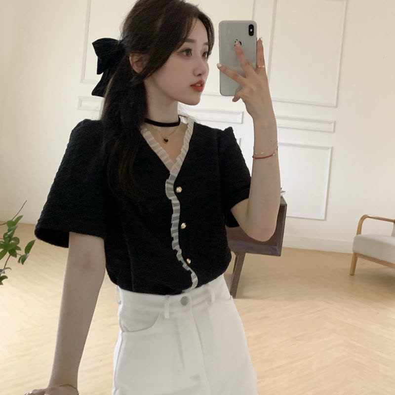 法式小众设计感杏色上衣女木耳边V领气质显瘦衬衫图片