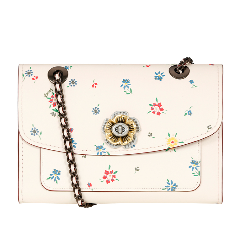 蔻驰coach奢侈品女士专柜款欧美时尚山茶花parker皮质单肩斜挎包白色