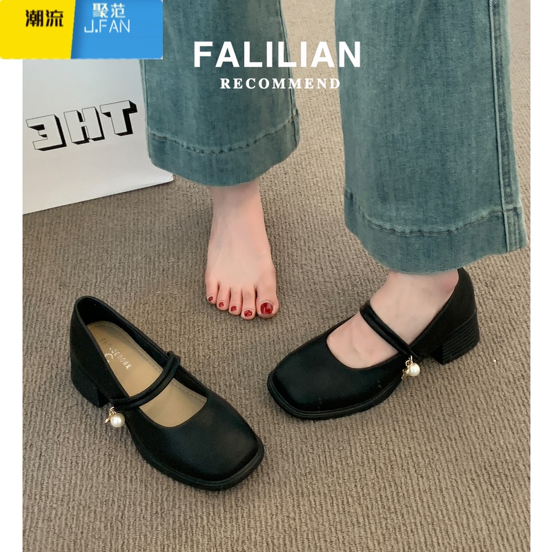 聚范法式单鞋女2024新款夏季配裙子3公分小跟鞋黑色粗跟玛丽珍小皮鞋高清大图