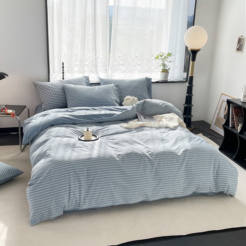 雅鹿 无印水洗全棉四件套 YLT2401 被套200*230cm 床单 240*245cm 枕套 48*74cm高清大图