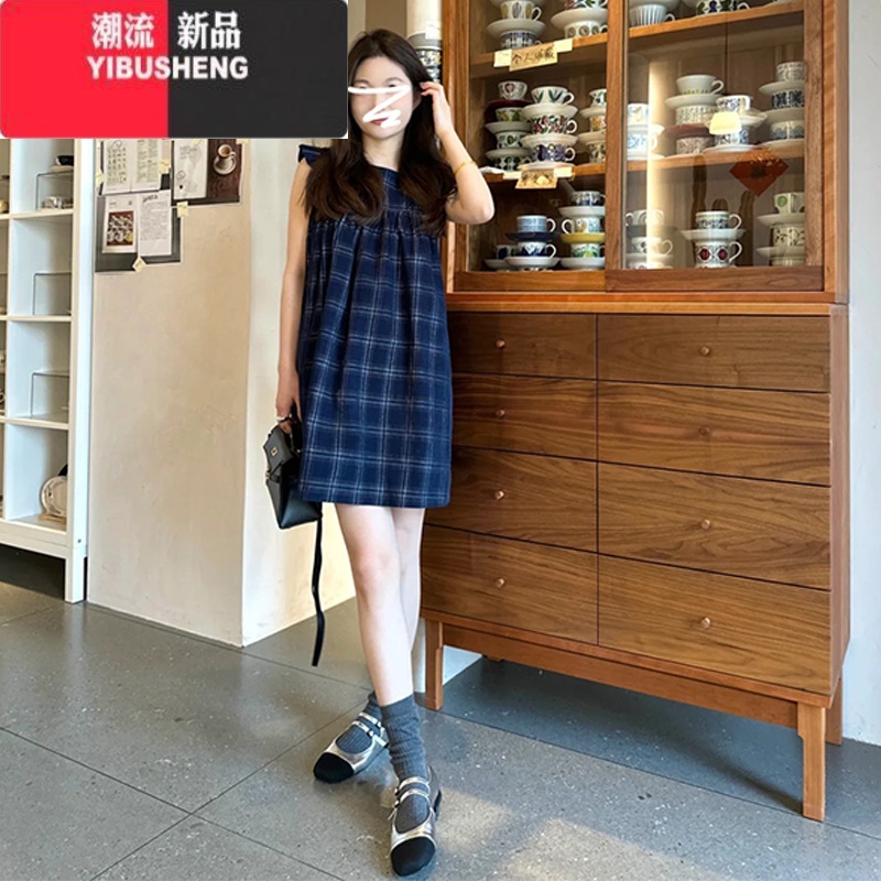 YIBUSHENG蓝色小飞袖格子吊带连衣裙子女装季2024新款小个子无袖背心短裙高清大图