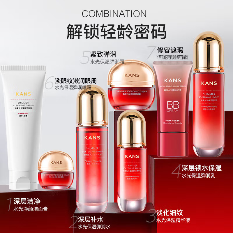 (Kans)韩束套装礼盒护肤套装 水光保湿弹润焕彩礼盒 洁面+水+乳液+精华+霜+眼霜+BB霜 保湿补水高清大图
