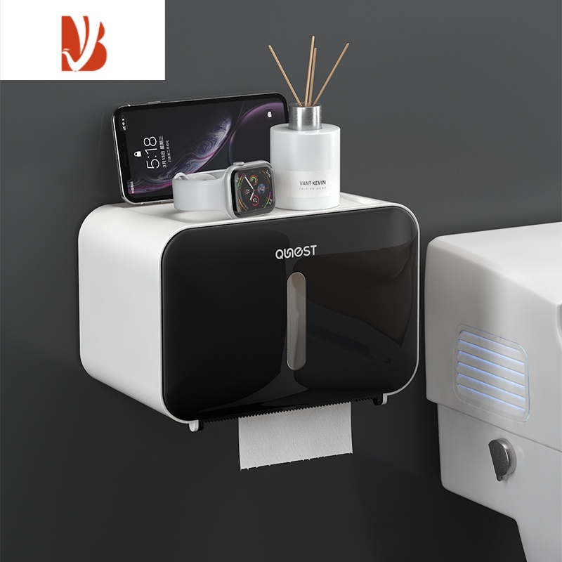 三维工匠高端纸巾盒厕所防水免打孔卫生间卷纸盒轻奢壁挂式大号不卡厕纸盒 趣巢[颜值黑]带轴通用纸巾盒