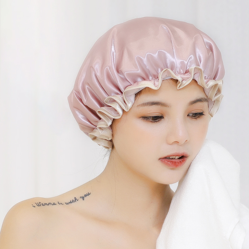 浴帽女士双层加厚防水洗澡罩淋浴洗头厨房防油烟发膜头套成人 三维工匠 圆点粉高清大图
