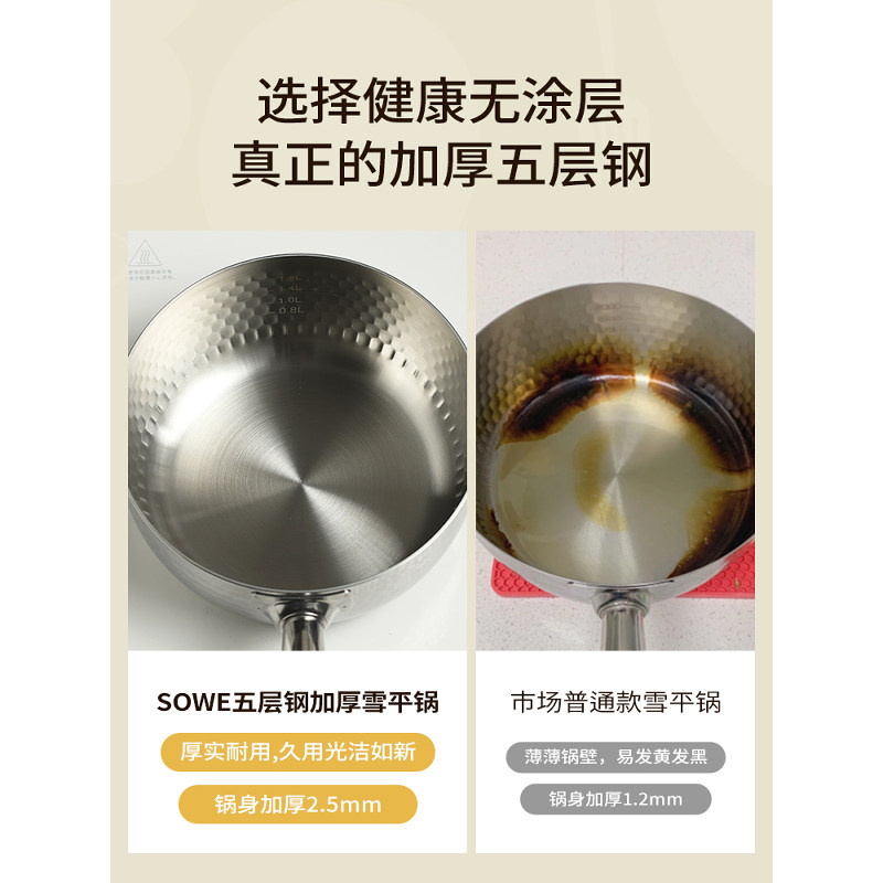 素味 无涂层小奶锅日式雪平锅宝宝专用辅食锅不锈钢婴儿家用泡面汤锅 18cm高清大图