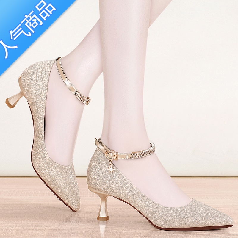 SUNTEK旗袍高跟鞋软皮不磨脚百搭中跟夏款浅口单鞋女春细跟尖头5cm LJ7012金色5厘米 39