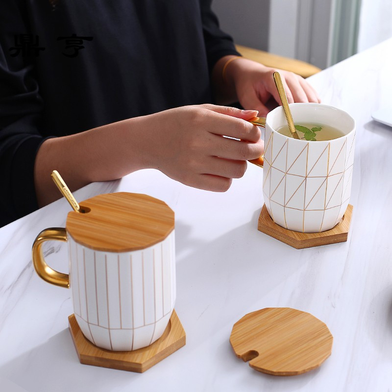 鼎亨ins简约杯子陶瓷带盖勺成人办公室创意牛奶咖啡杯马克杯家用