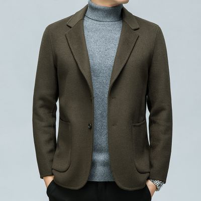 双面呢西服外套羊绒大衣男春秋季中年商务100纯羊毛双面呢羊毛呢子中长款西装领羊绒毛呢大衣外套品牌 绿色 185/100A(XXL码）