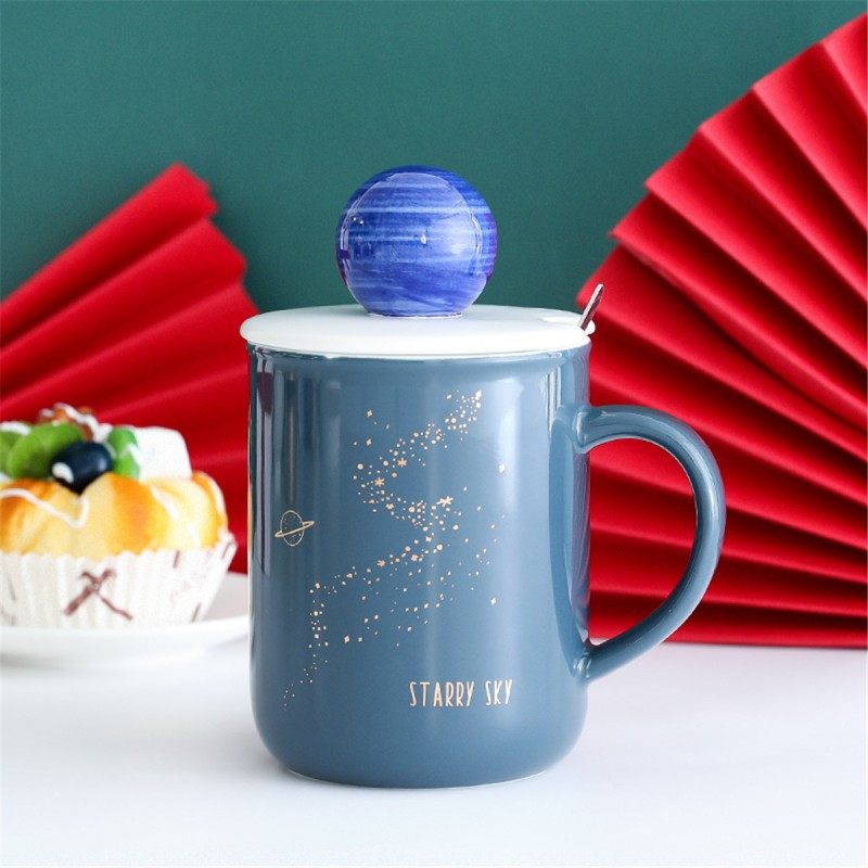 贝瑟斯 星空立体盖陶瓷马克杯带盖勺潮流情侣咖啡杯韩版喝水杯子