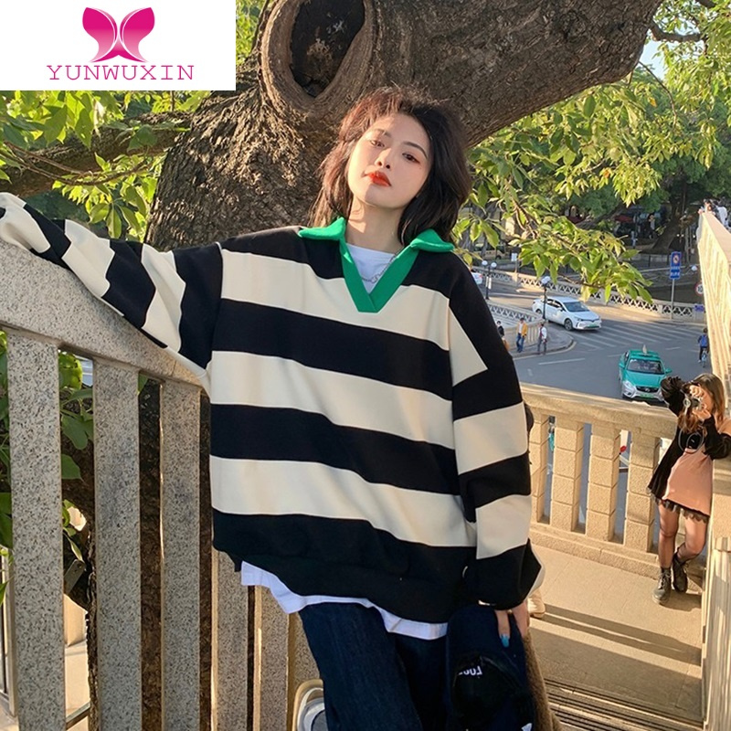 YUNWUXINulzzang减龄大条纹加绒卫衣女大码宽松hiphop高街外套嘻哈潮ins酷