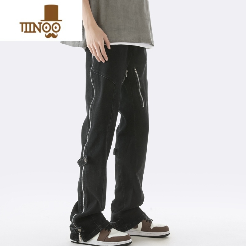 YANXUvibe美式微喇牛仔裤男款欧美hiphop高街痞帅拉链裤子潮牌长裤高清大图
