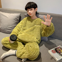 男童睡衣秋冬款新款男孩大童冬季加厚儿童珊瑚绒法兰绒家居服 150cm 绿色