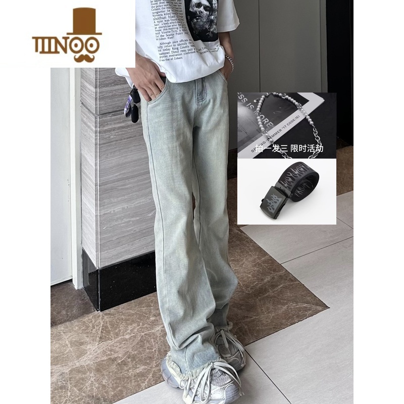 YANXUZG19美式高街vibe复古水洗做旧黄泥染牛仔裤微喇叭长裤子松紧腰腰高清大图