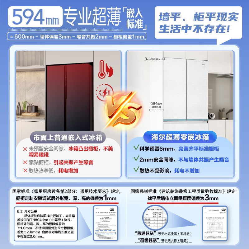 海尔(Haier)BCD-517WGHTD1BW9U1 517升白色十字对开门四开门超薄嵌入式大容量家用电冰箱