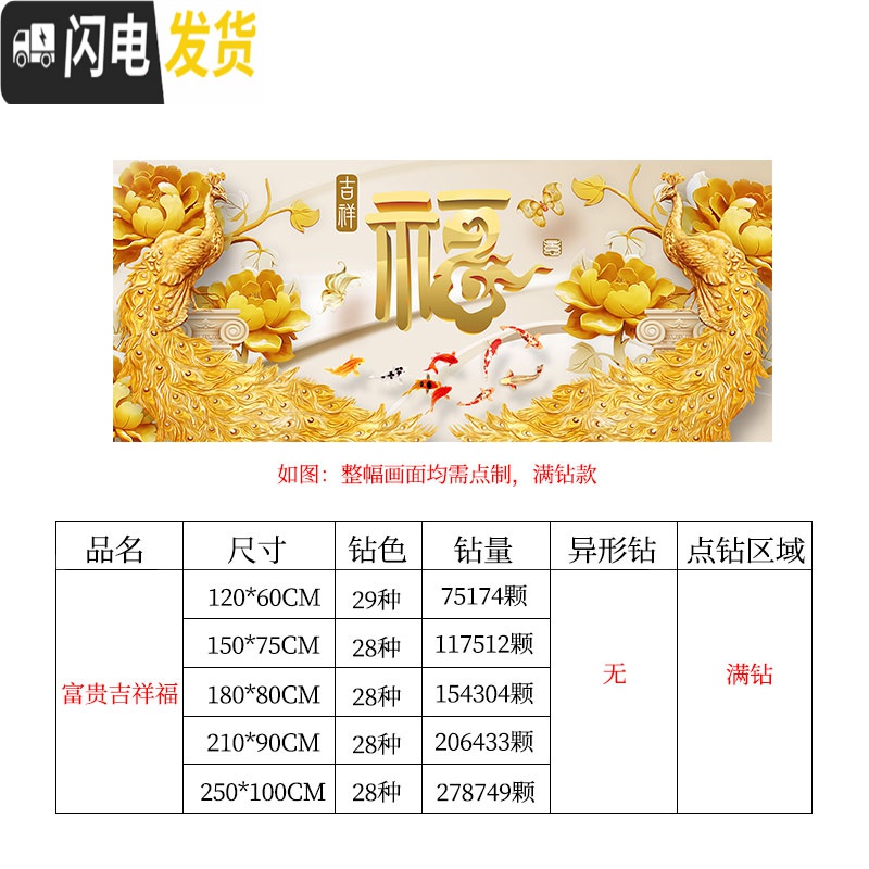 三维工匠2019年新款钻石画满钻客厅孔雀福字水晶十字绣点贴 异形钻、满钻[250*100CM]多加30钻量、送工具包2高清大图