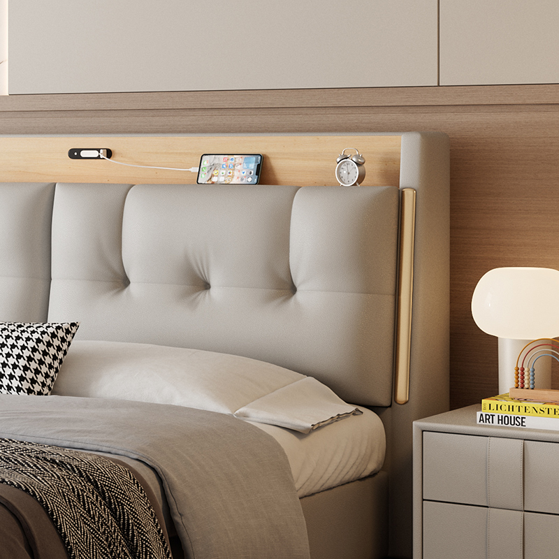 意式极简真皮床轻奢现代简约主卧室双人床家用实木储物床软包婚床高清大图