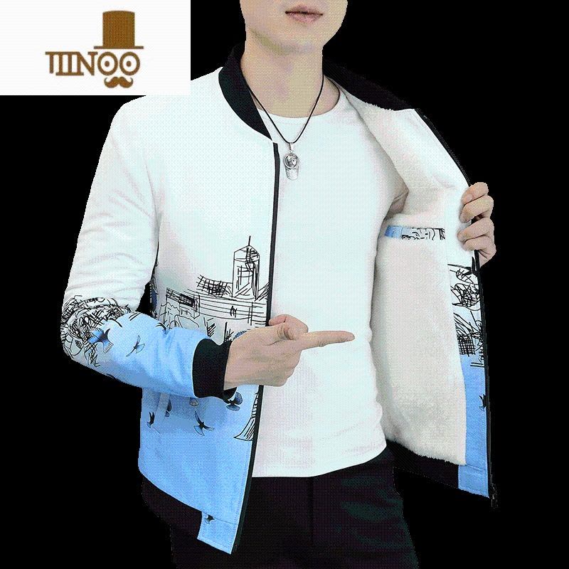 YANXU男士外套韩版修身加绒立领夹克男秋装个性潮男冬装加厚棉衣服图片