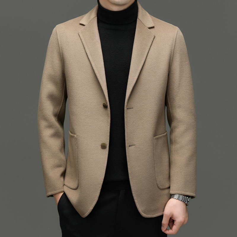秋冬商务宴会山羊绒西装男毛呢大衣短款外套高端休闲羊毛呢小西服羊绒毛呢双面呢子大衣商务休闲西装外套高清大图