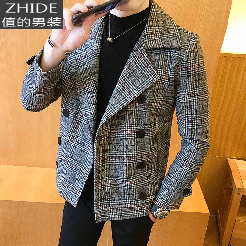 SUNTEK男士风衣秋冬季加厚短款毛呢外套潮流青年韩版修身双排扣呢子大衣风衣 千鸟格 5XL