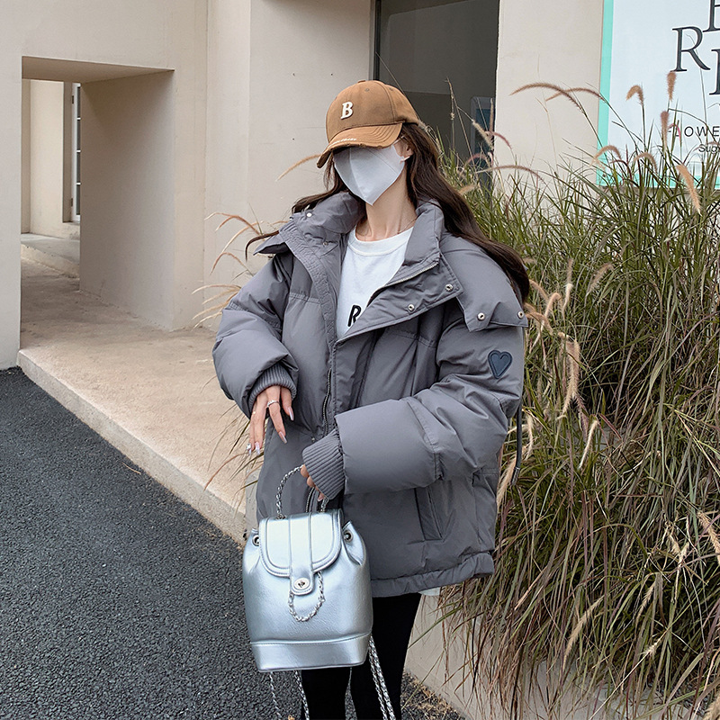 棉衣女2024冬季新款韩版灰色小爱心短款羽绒棉服学生款大码面包服高清大图