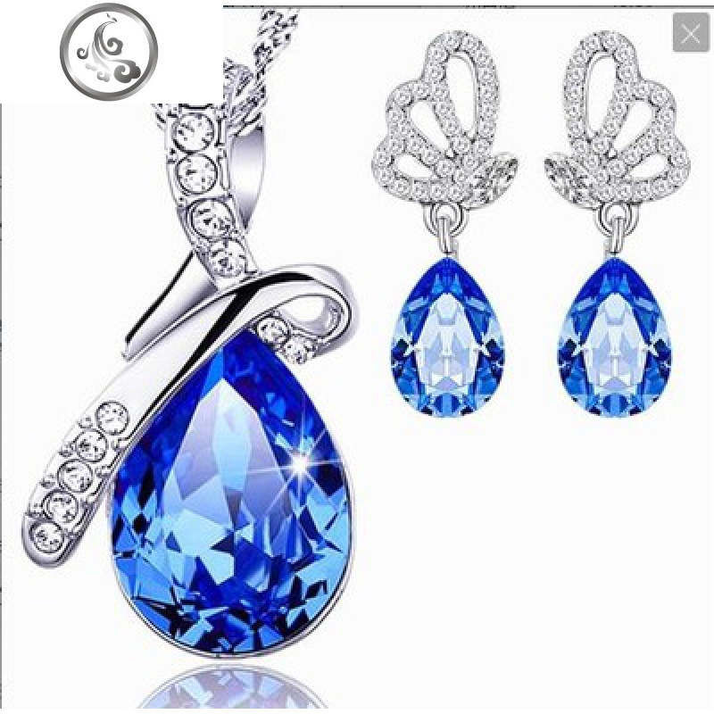 水晶项链女纯银配饰套装百搭锁骨吊坠送女友情人老婆生日七夕 蓝色2件套项链蝴蝶耳环小熊包装