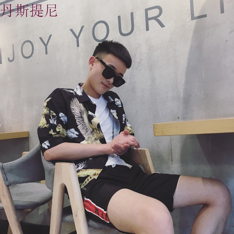 夏季衬衫男短袖碎花韩版修身个性印花五分袖寸衫休闲中袖衬衣潮流