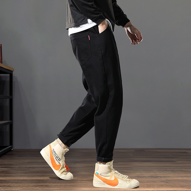 加绒黑色牛仔裤男韩版宽松休闲大码潮流小脚哈伦男士长裤子男牛仔裤