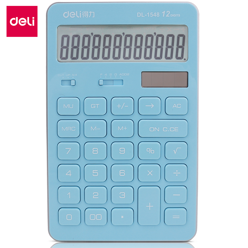 得力deli1548A学生财务会计计算器简约双电源太阳能12位数计算器高颜值糖果色浅蓝色