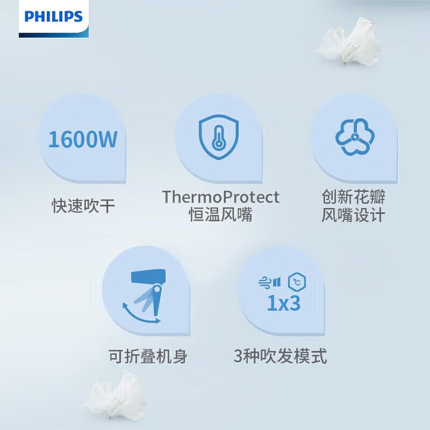 飞利浦(PHILIPS)电吹风机 1600W大功率吹风筒 恒温护发3档温度家用便携可折叠 黑色 BHD308/05高清大图
