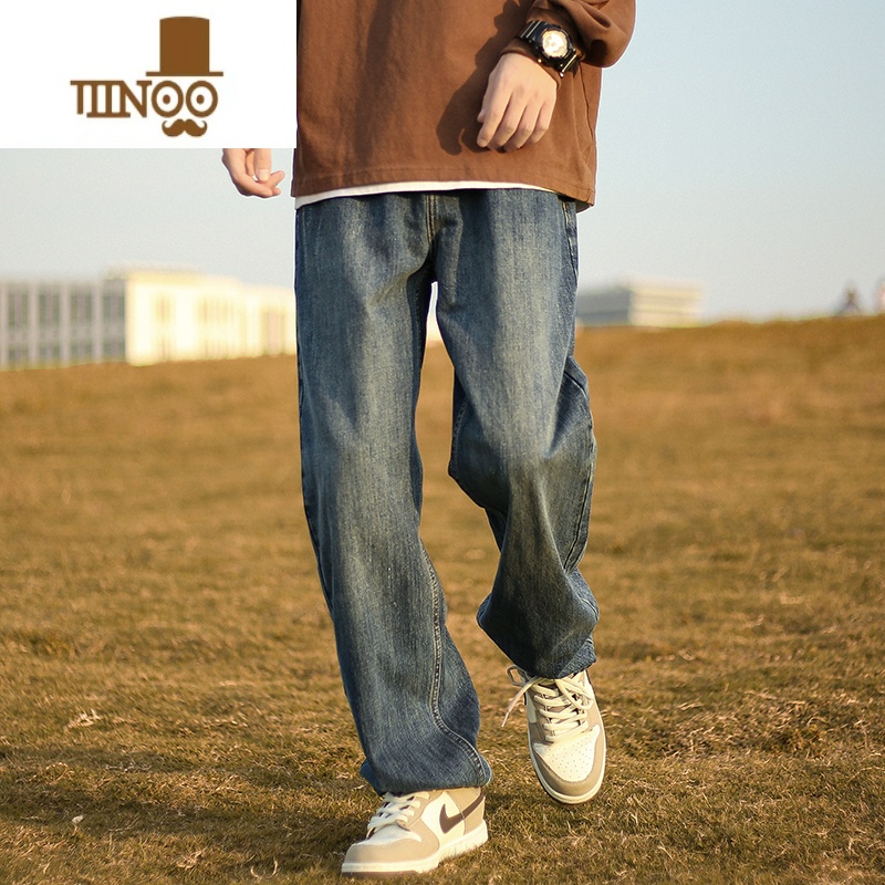 YANXU复古水洗牛仔裤男美式高街裤子潮牌宽松阔腿直筒裤裤子牌直高清大图