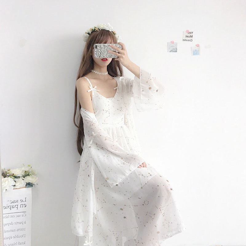 夏装女装韩版气质v领中长款闪光刺绣慵懒带裙连衣裙长裙+防晒衣白色两件套均码
