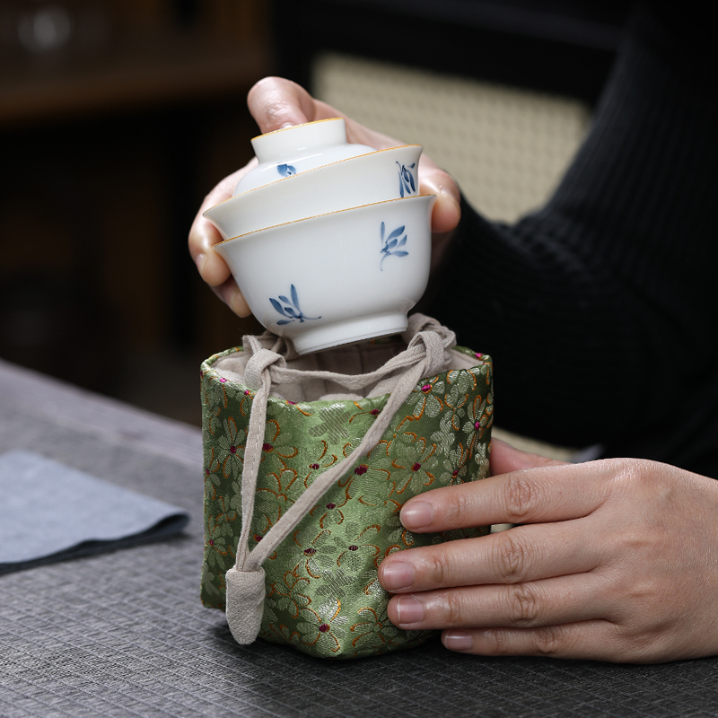 MULTIPOTENT 旅行功夫茶具套组中国白瓷手绘蝴蝶兰快客杯陶瓷便携旅行茶具