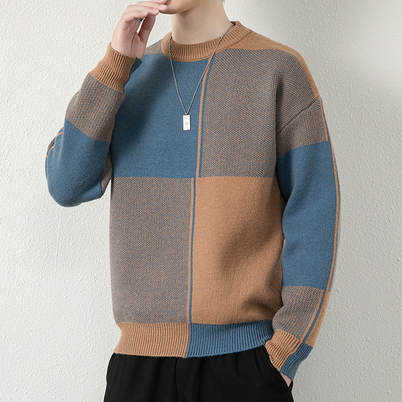南极人圆领毛衣男士秋冬季加绒加厚拼色毛线衣学生内搭保暖针织衫