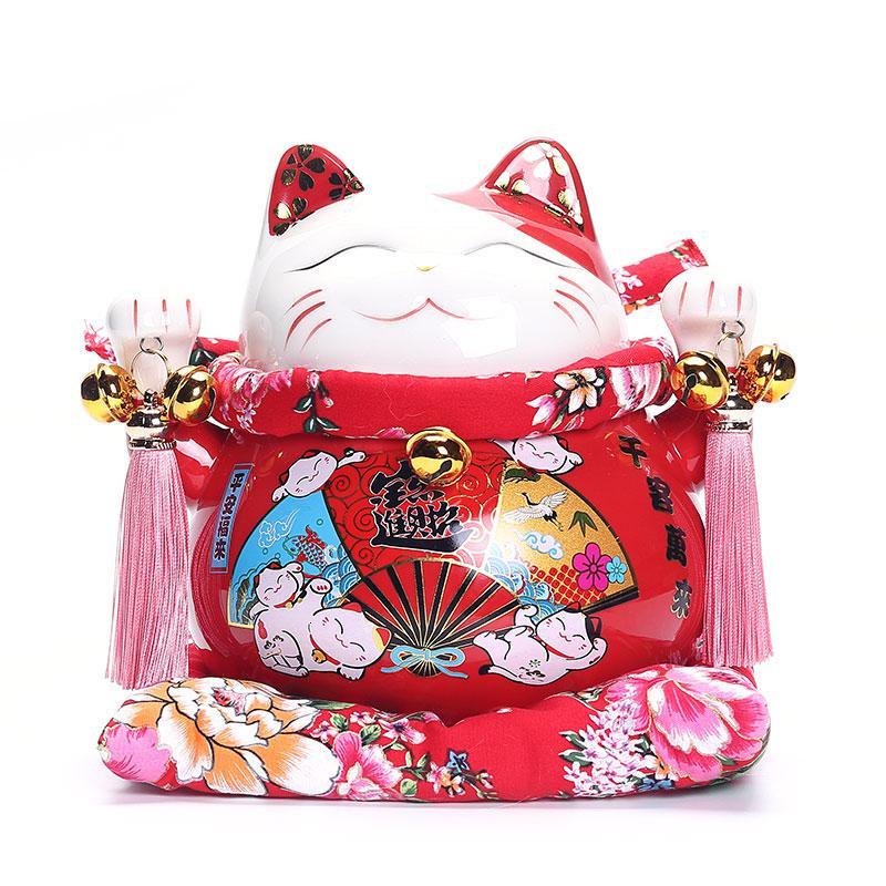 猫创意存钱罐储蓄罐发财猫陶瓷猫日式理发店开业礼品摆件 三维工匠 7寸一帆风顺(红色)