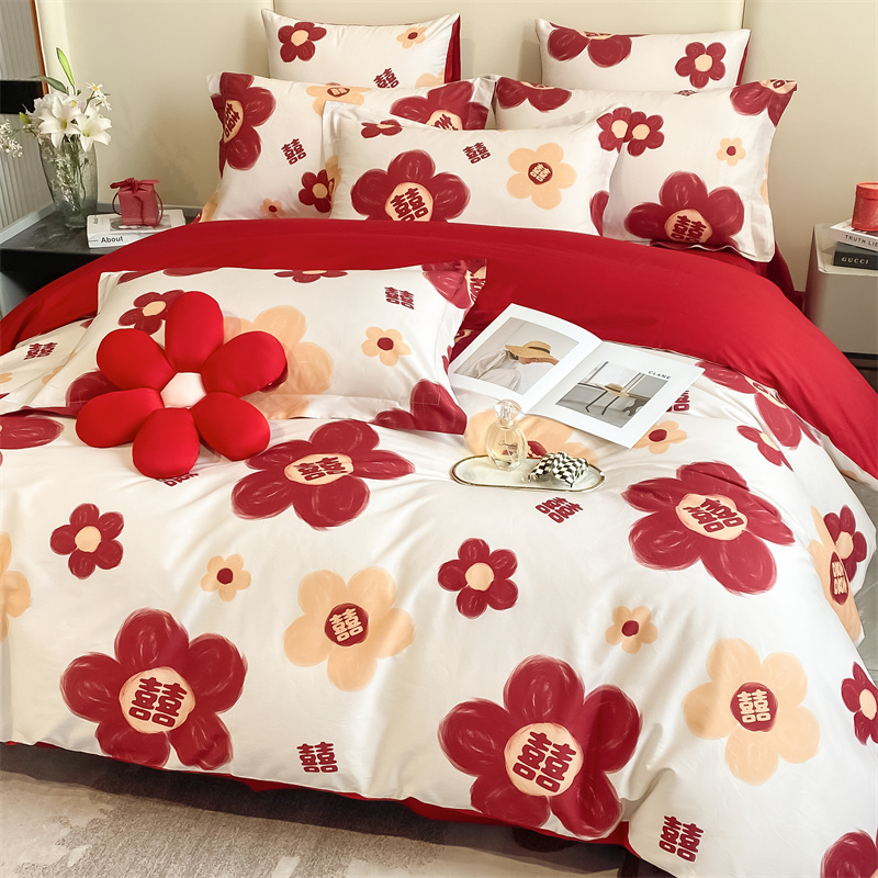 简约风婚庆时尚水洗棉磨毛四件套床笠款床上用品结婚喜庆印花被套高清大图