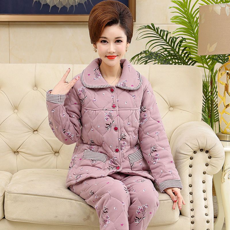 睡衣女冬季三层加厚加棉秋冬中老年妈妈夹棉保暖可外穿家居服套装