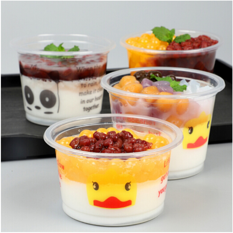企采严选一次性双皮奶塑料杯布丁酸奶果冻杯250ml熊猫碗球盖赠勺100