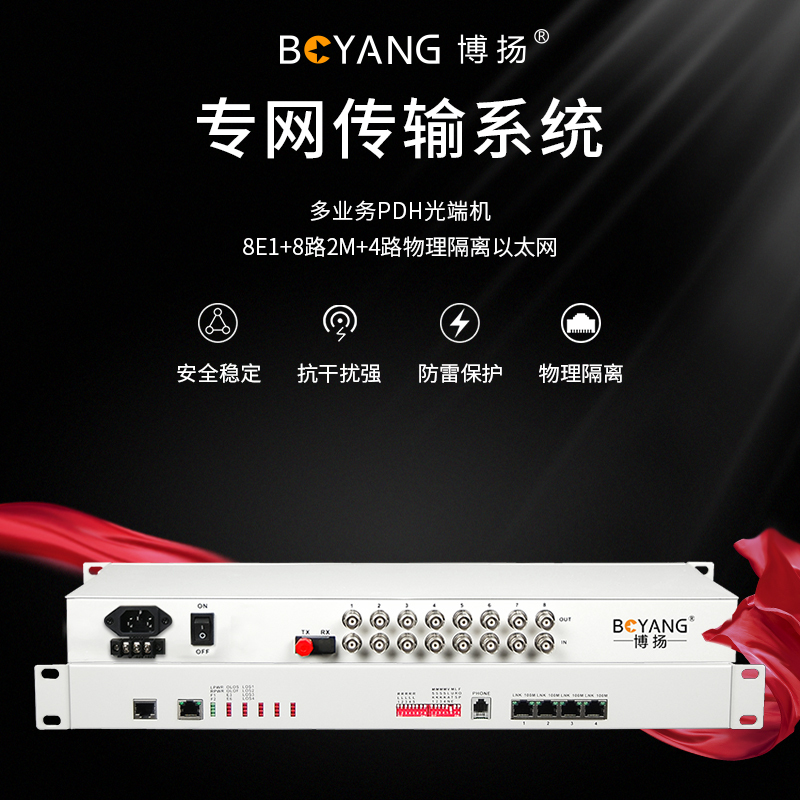 博扬 BY-8E1-4EV PDH光端机8E1 8路2M+4路以太网带物理隔离 FC单纤20公里 机架式 双电源