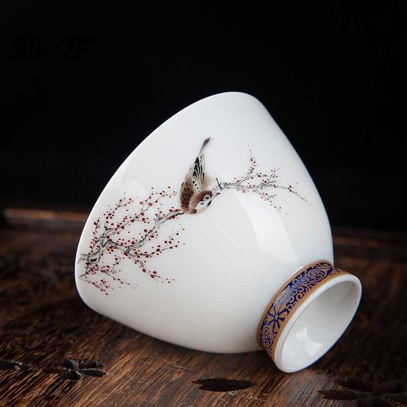 鼎亨景德镇纯手工陶瓷釉上金足手绘花鸟杯品茗杯品茶杯