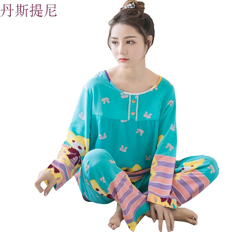 棉绸女士套装睡衣春夏季薄款人造棉长袖长裤卡通两件套宽松家居服