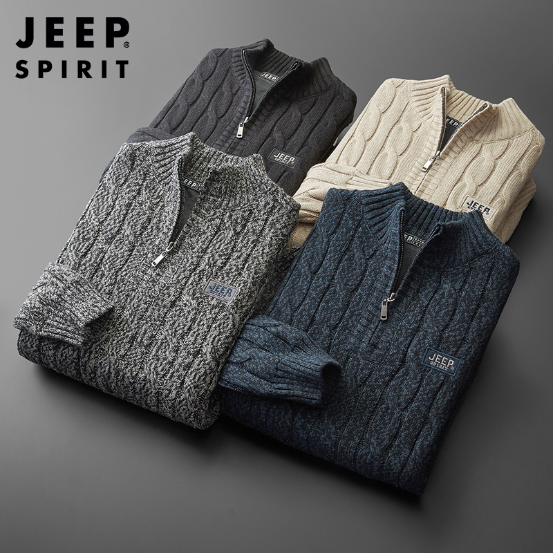 JEEP SPIRIT吉普男士针织衫加绒加厚保暖针织衫半拉链立领时尚毛衣秋冬套头衫外套高清大图