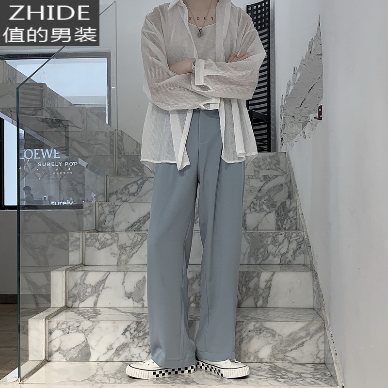 高腰质感西装裤男2021年新款黑色垂感阔腿裤宽松直筒休闲拖地长裤 K03/蓝色 2XL