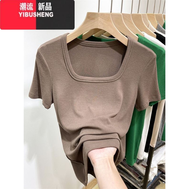 YIBUSHENG大码方领短袖T恤女装微胖mm2024新款低胸露锁骨螺纹体恤u领上衣高清大图