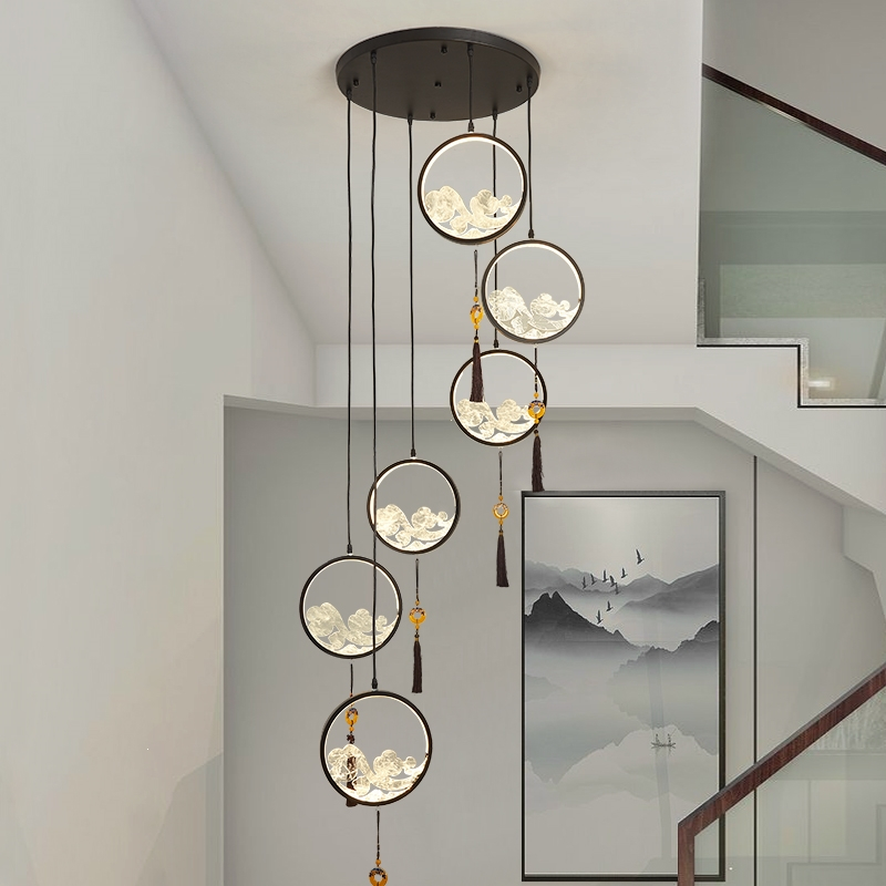 法耐餐厅吊灯现代轻奢复式楼跃层客厅超长别墅旋转新中式楼梯大吊灯具