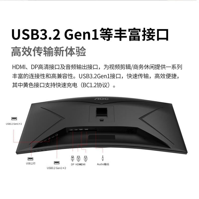 AOC 34英寸 WQHD 1500R曲面带鱼屏21比9 144hz 1ms响应 办公游戏设计剪辑显示器 CU34P2X