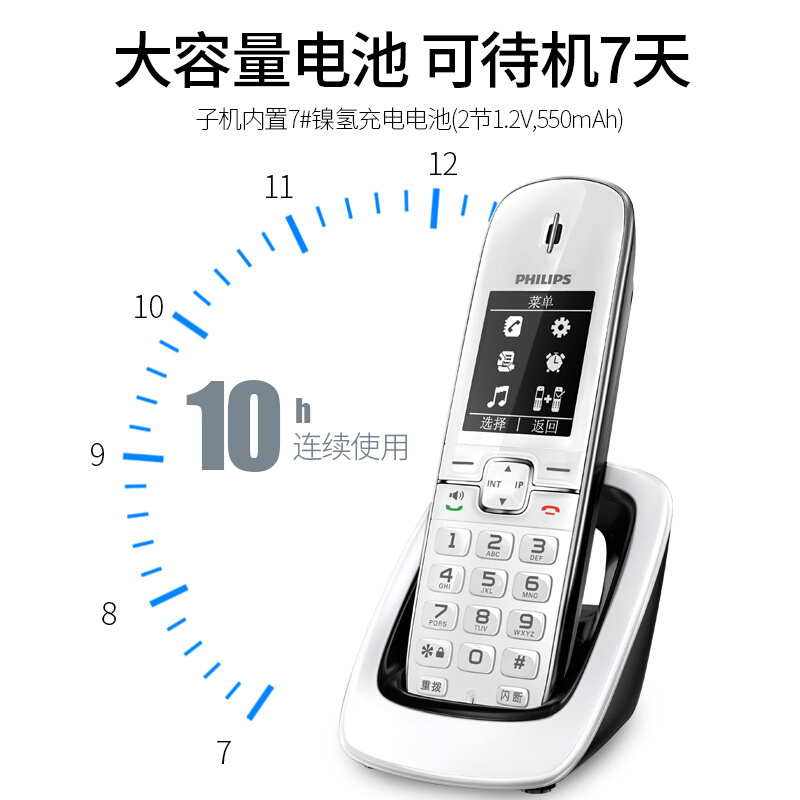 飞利浦(PHILIPS)录音电话无绳电话机座机 无线座机子母机 办公家用 DCTG492+(白色)