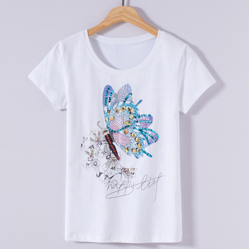 夏季新款棉质镶砖订珠圆领t恤纯棉短袖手工刺绣图案打底衫女上衣